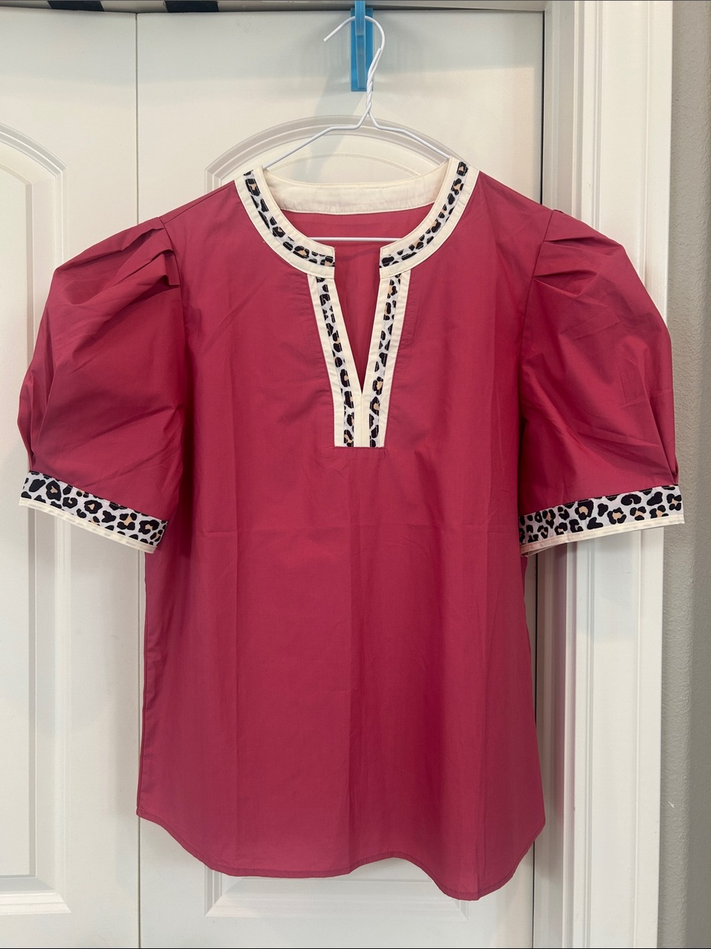 Women's Pink Puff Sleeve Blouse with Leopard Trim